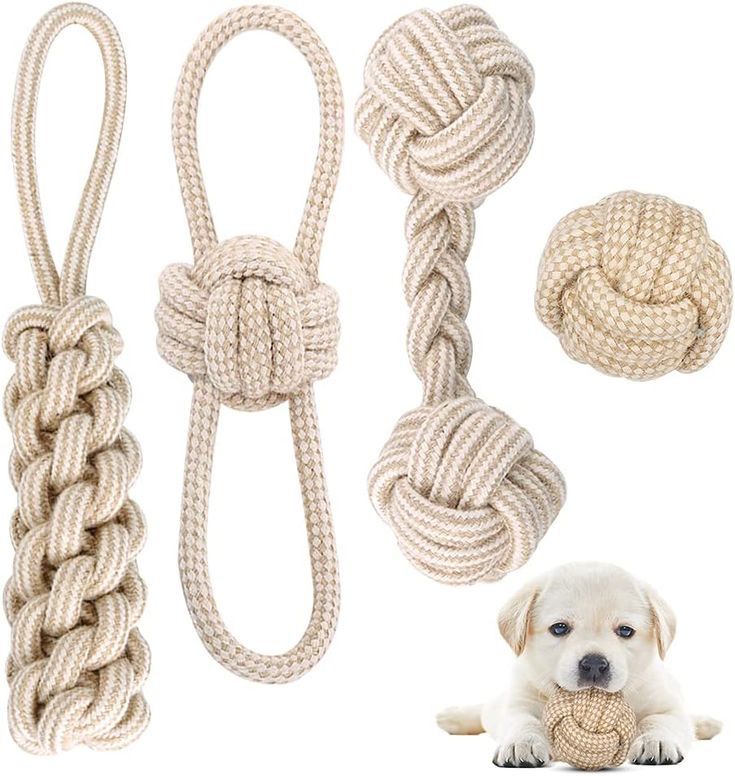 4 Pcs Natural Eco-Friendly Cotton Dog Rope Chew & Tug Toy Set